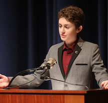 Eli Hurwitz gives their speech during Thanksgiving Assembly
